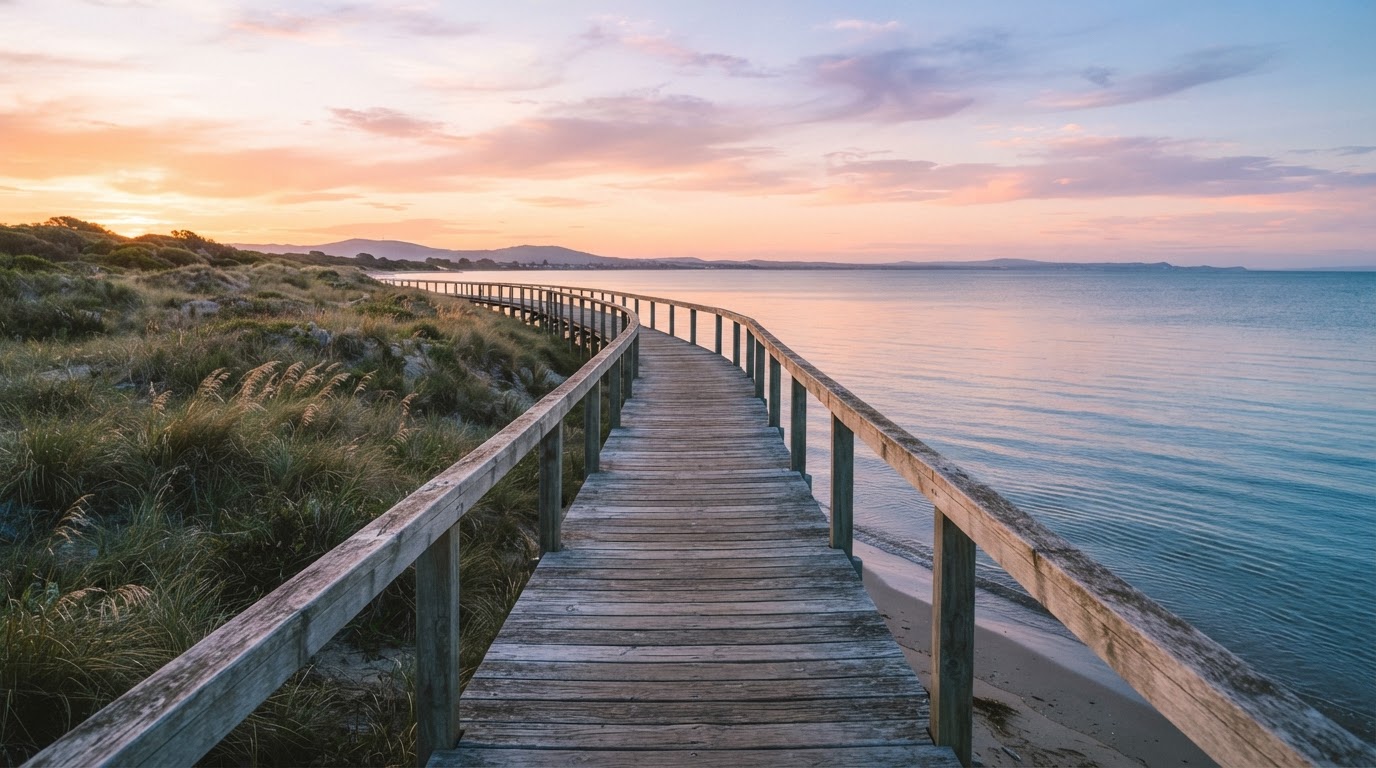 A weathered wooden boardwalk curving toward a calm coastal bay at golden hour — an example of photorealistic AI image generation.